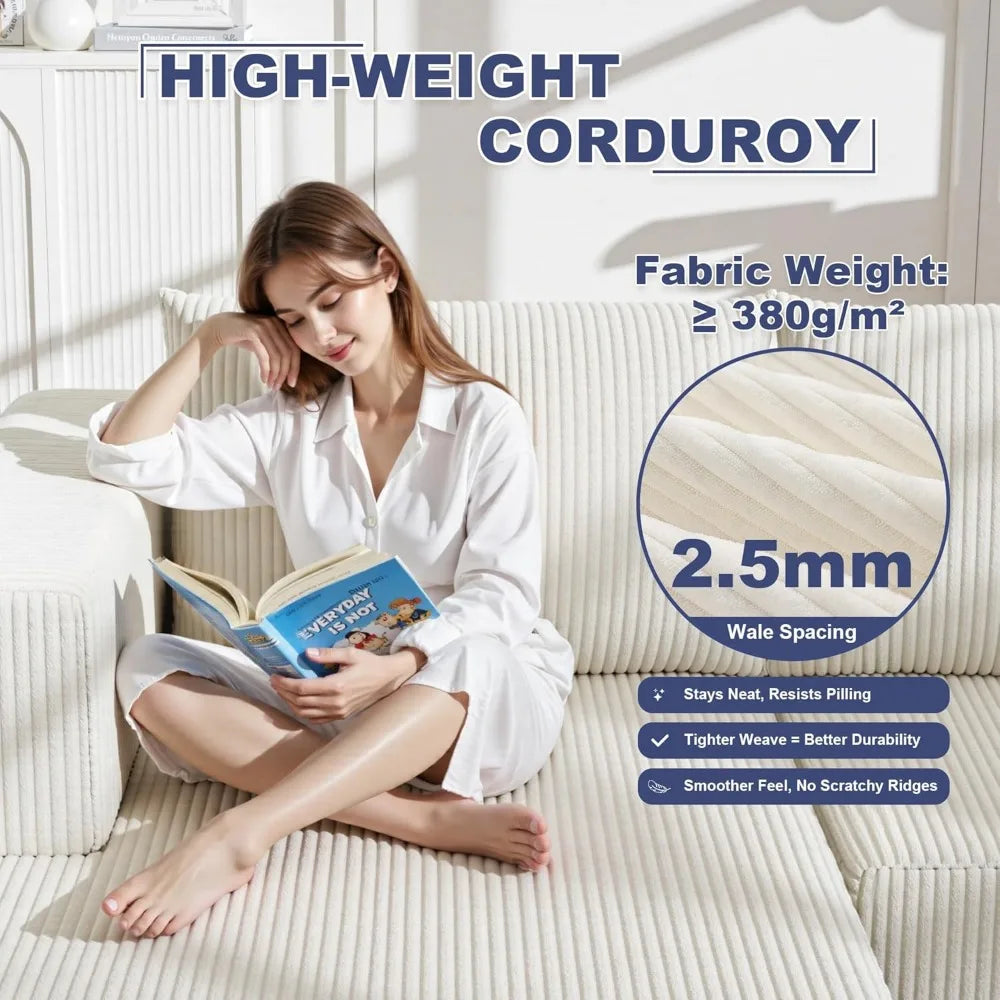 108" Boneless Couches for Living Room, Modular Cloud Couch Sofa - L Shap Corduroy Sectional Sofa, Fluffy Memory Foam Sleeper