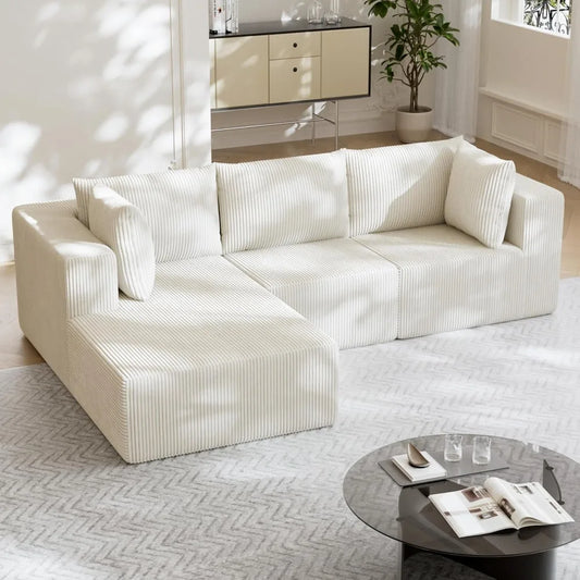 108" Boneless Couches for Living Room, Modular Cloud Couch Sofa - L Shap Corduroy Sectional Sofa, Fluffy Memory Foam Sleeper